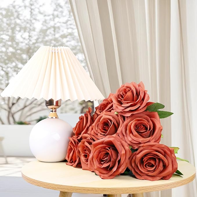 Artificial Rose Flowers Burnt Orange Rose Flowers Silk Flowers 30 pcs with Long Stem Silk Roses Bouquet for Wedding Bridal Shower Party Home Decoration