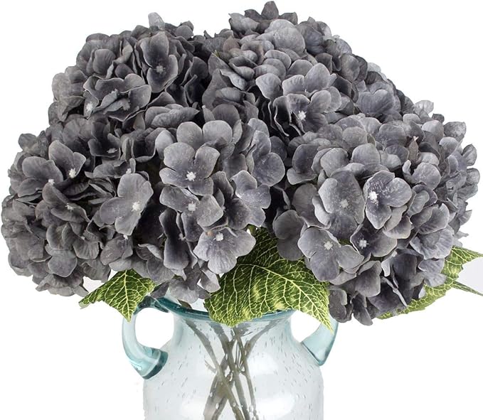 2Bouquets Artificial Fake Flowers Plants Silk Hydrangea Arrangements Wedding Bouquets Decorations Plastic Floral Home Kitchen Garden Party Festival Bar DIY (Gray,5 Flower Heads)