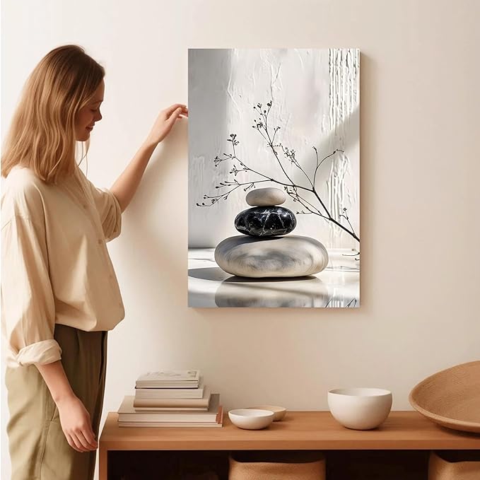Gray and black stone pile and dried flowers poster canvas wall art in harmony Minimalist wall art for tranquil homes and mindful spaces 28x40in Wood Framed
