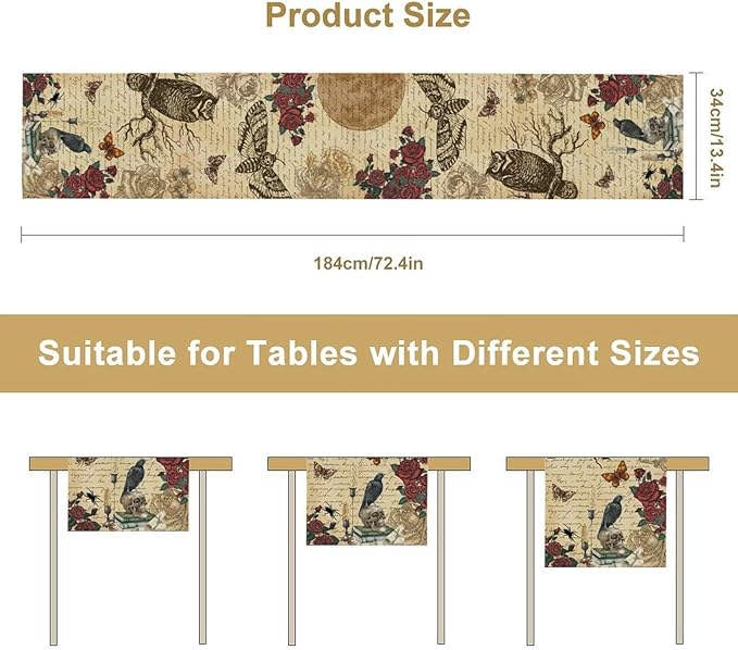 Gothic Floral Table Runner, Retro Dark Skull Moth Vintage Flower Halloween Day of Death Witchy Coffee Table Center Decor for Home Kitchen Dining Patio Holiday Party Table Decorations 13x90 inches