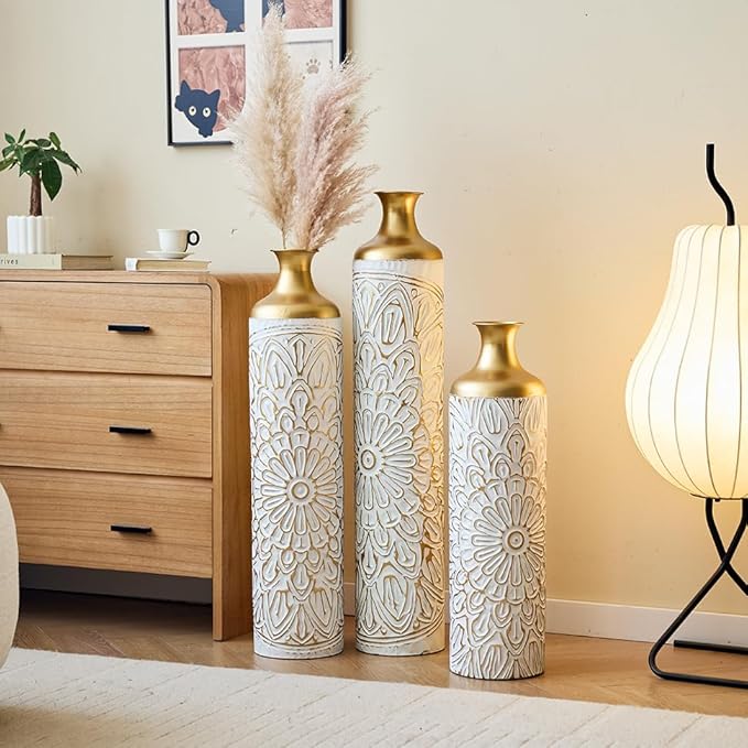 Floor Oversized Gold Metal Decorative Vase with 3D Triangle Pattern Set of 3 Large Vases for Home Living Room 33.5 ", 29.5 ", 25.2" High (White+Matte Gold)