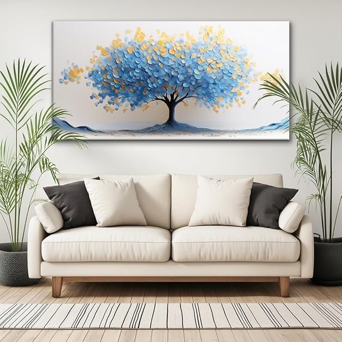 LAVIKARS Modern Tree of Life Wall Art for Living Room Office Navy Blue and Yellow Floral Abstract Landscape Canvas Painting Prints Large Nature Artwork Home Kitchen Bedroom Decor (20x40 Inches)