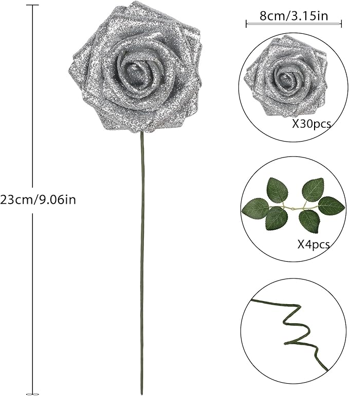 Artificial Roses 30PCS Silver Flowers 3.15" Glitter Roses Artificial Flowers with Stems for DIY Wreath Wedding Christmas Home Party Decor(Silver)