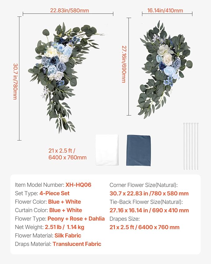 VEVOR Artificial Wedding Arch Flowers Kit, Blue Wedding Arch Flowers with Drapes Kit -2 Pcs Floral Arrangement, 2 Pcs Sheer Drapes, for Ceremony Bouquets Reception Backdrop Decoration（No Include Wood