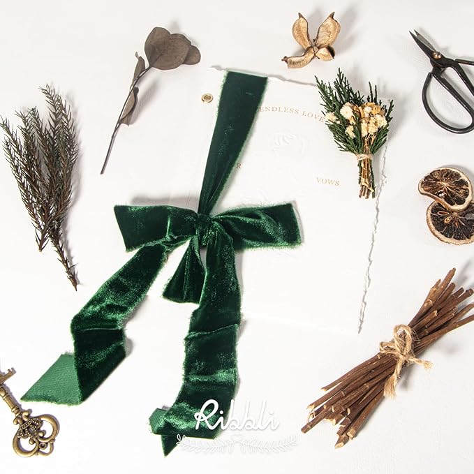 Ribbli Forest Green Velvet Ribbon 1.5 Inch Handmade Frayed Vintage Christmas Ribbon for Gift Wrapping Christmas Tree Ornament Wreath Craft Home Decor -3 Yards