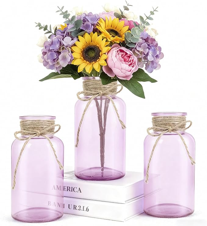 Vintage Glass Flower Vase，3 Pack Farmhouse Purple Glass Centerpiece Vases Mason Jars for Weddings, Parties & Home Decor Bulk (3, Purple)