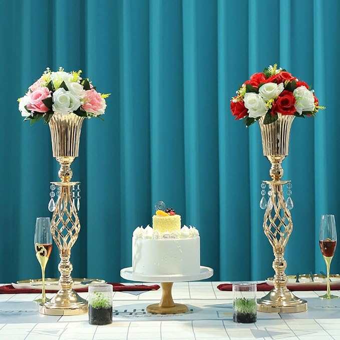 2 Pcs Elegant Metal Gold Floral Vase, Beaded Crystal Gold Trumpet Crown Vase, Perfect for Wedding Banquets, Birthdays, Anniversaries, Holiday Parties and Other Important Event Centerpieces(23.2")