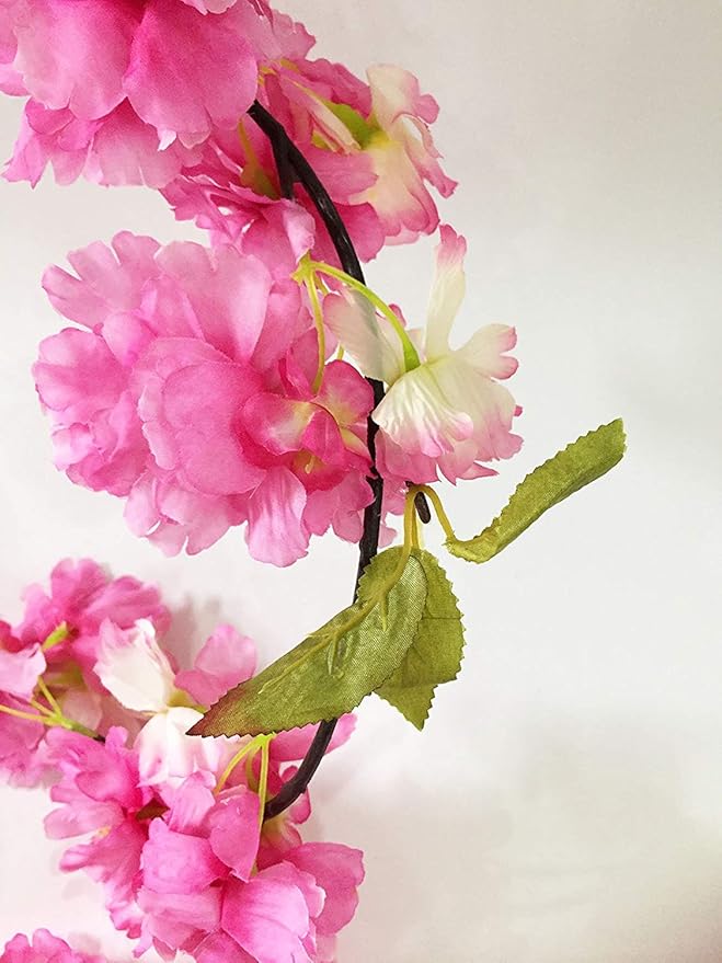 Artificial Cherry Blossom Vine Hanging Plants Faux Sakura Garland Fake Oriental Cherry Wreath Artificial Flower 5.8 FT Deep Pink