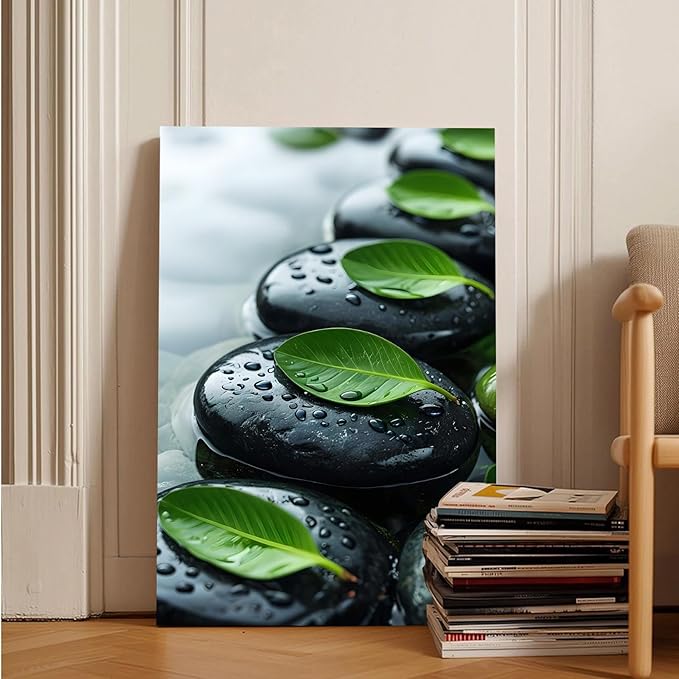 Glittering black stone cluster with fresh green leaves and water drops poster tranquil mist rain wall art zen wall art suitable for modern minimalist home decor 24x36in Frameless