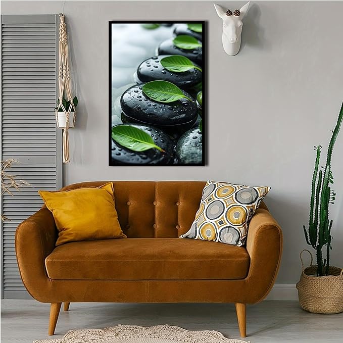 Glittering black stone cluster with fresh green leaves and water drops poster tranquil mist rain wall art zen wall art suitable for modern minimalist home decor 24x36in Metal blackFramed