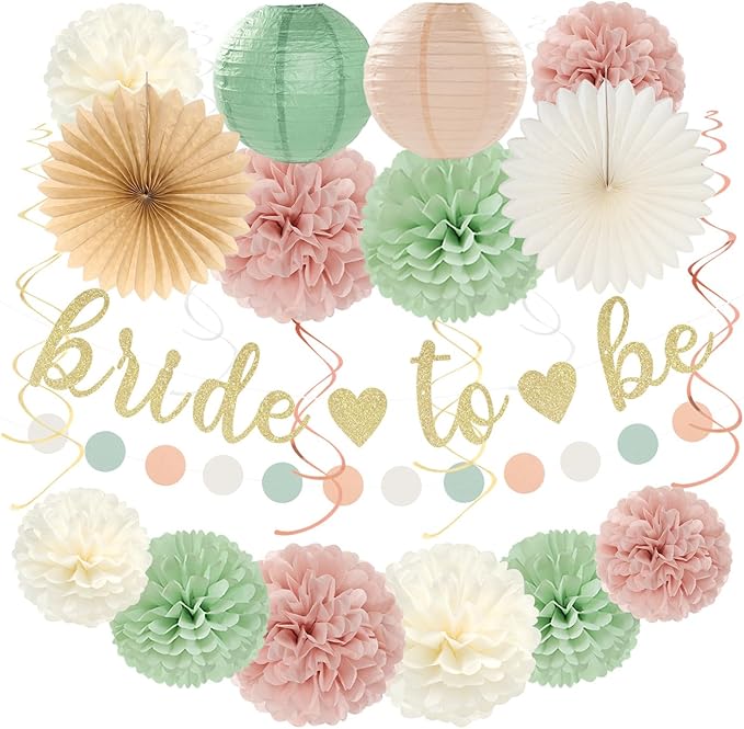 Sage-Green Pink Bridal-Shower Bachelorette Party-Decorations - 22pcs Bride To Be Banner, Beige Paper Lanterns Streamers, Tissue Pom Poms Flowers Fans Favors Wedding Decor Supplies Hugmoon