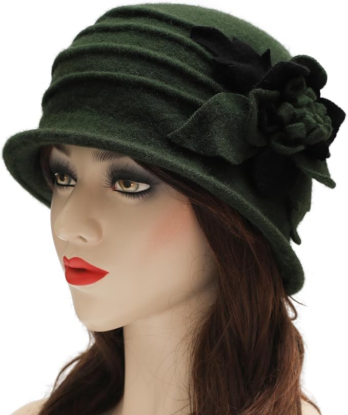 ZLYC Women Wool Cloche Bucket Hat 1920s Vintage Dress Winter Hats with Flower Accent