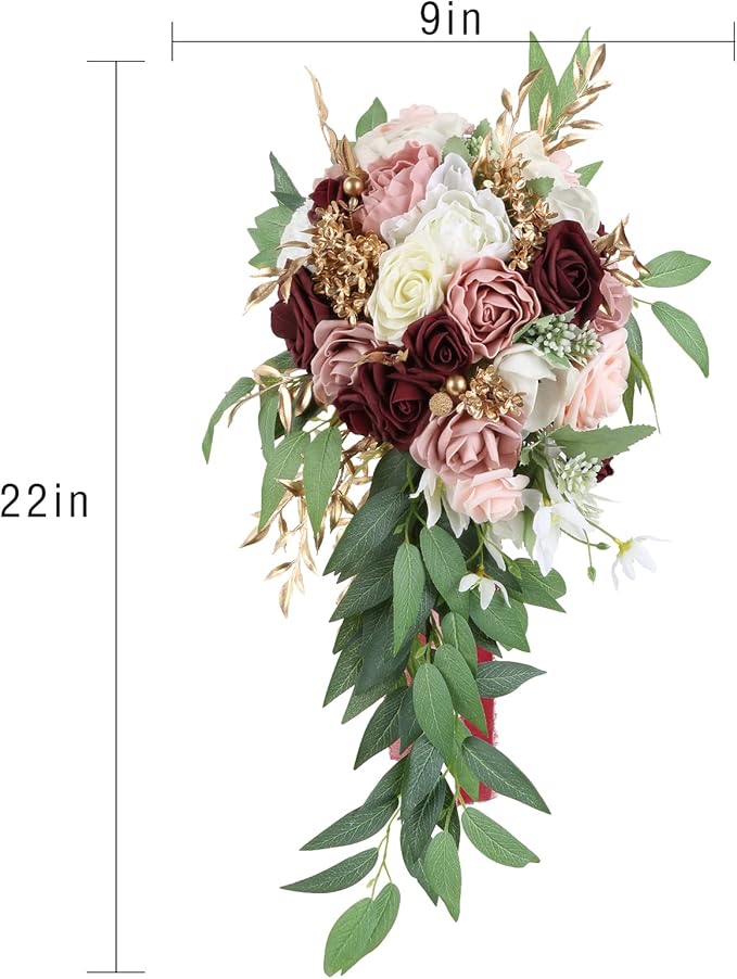 9 Inch Artificial Wedding Bouquets for Bride Bridal Bouquet Bridesmaid Bouquet Tossing Bouquet for Wedding Ceremony Anniversary Bridal Shower(Marsala & Blush)