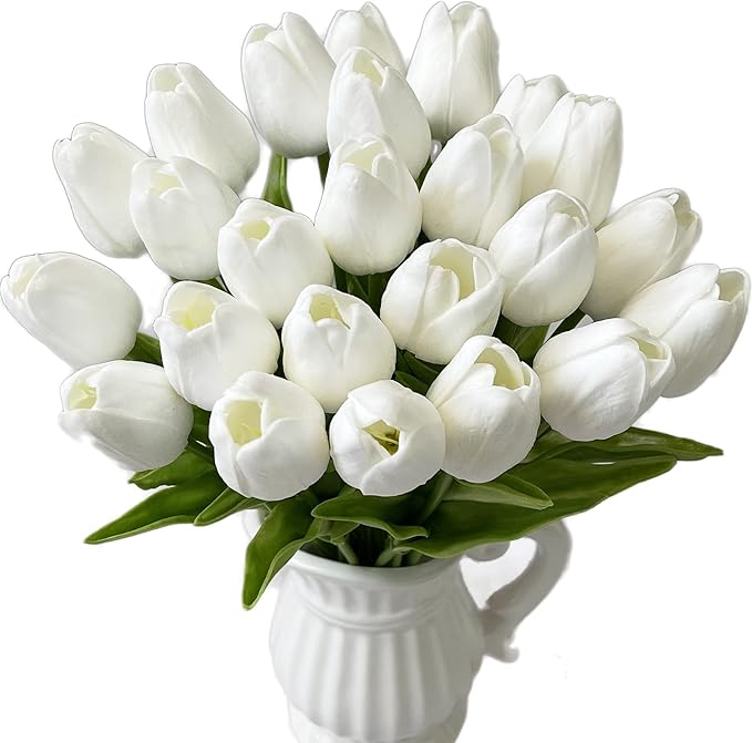 UKELER 24 Pcs Pure White Flowers Fragrant Artificial White Tulip Flowers for Floral Home Decorations Centerpieces Arrangement Wedding Bouquet