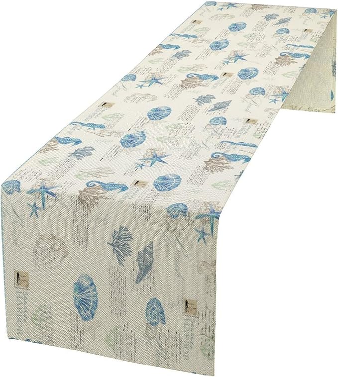 Starfish Table Runner,Vintage Nautical Seashell Tropical Beach Theme Coastal Ocean Sea Burlap for Hotel Indoors Outdoor Dining Room Kitchen Tablecloth, 13x108in