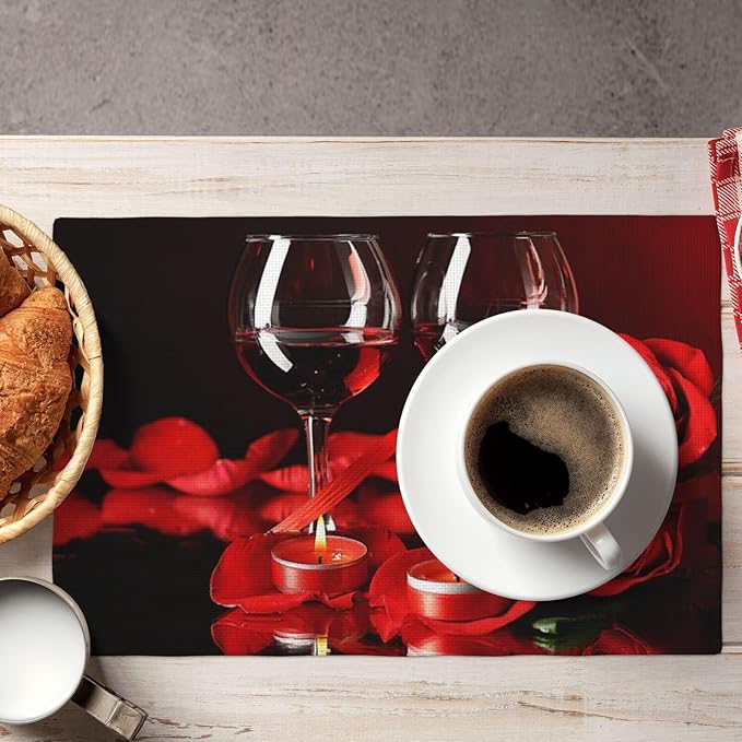Red Rose Wine Linen Table Placemats Set of 6 Retro Romantic Placemat Indoor Outdoor Party Home Desktop Kitchen Dining Room Decoration 12x18 Inch