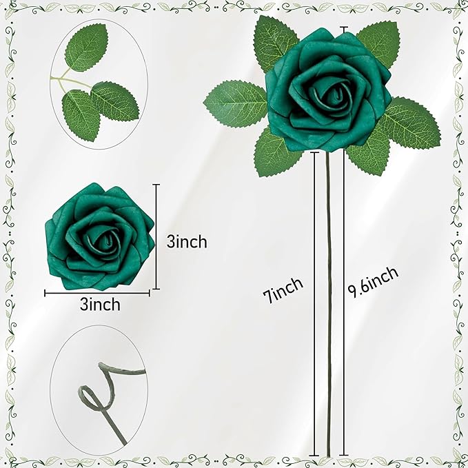 Artificial Flowers, 25pcs Hunter Green Artificial Rose for DIY Wedding Bouquets Centerpieces Arrangements, Fake Flower with Stem for Party
