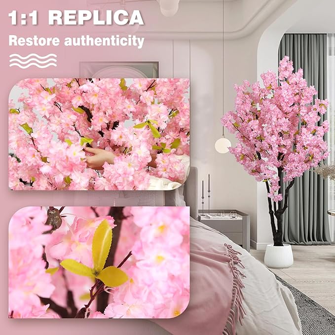 5.9ft Tall Cherry Blossom Artificial Tree, Handmade Light Pink Cherry Tree,Fake Flower Faux Silk Leaves Plant,Artificial Plants for Home Office Indoor Outdoor Party Wedding Christmas Decor