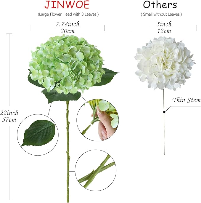 Green Hydrangea Artificial Flowers, 4Pcs 22" Large Lifelike Faux Silk Flowers, Full Artificial Hydrangeas for Bouquet Table Centerpieces Indoor Spring Outdoor Home