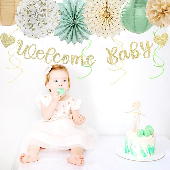 Sage-Green Champagne-Beige Baby Shower Party-Decorations - 21pcs Girls Boy Welcome Baby Banner,Paper Lanterns Pom Poms,Safari Woodland Boho Neutral Streamers Garland Decor Favors Huglony