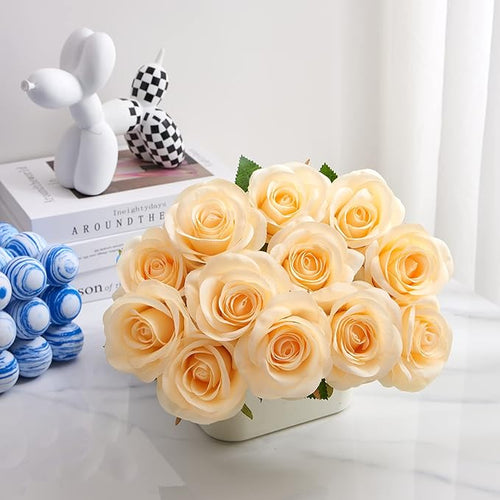 12pcs Champagne Roses Artificial Silk Flowers Faux Flowers with Long Stems for Wedding Decor Home Decor Baby Shower Party Centerpieces Decorations
