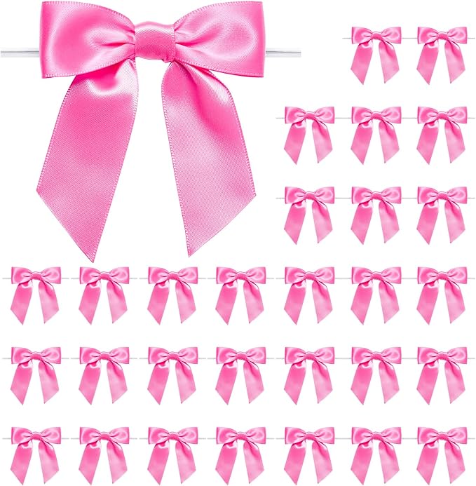 WRAPAHOLIC 30 Pcs 3" Hot Pink Satin Ribbon Bows with Twist Tie - Pretied Premade Craft Bows for Christmas Party Crafts Treat Bags Gift Wrapping Wedding Baby Shower Birthday