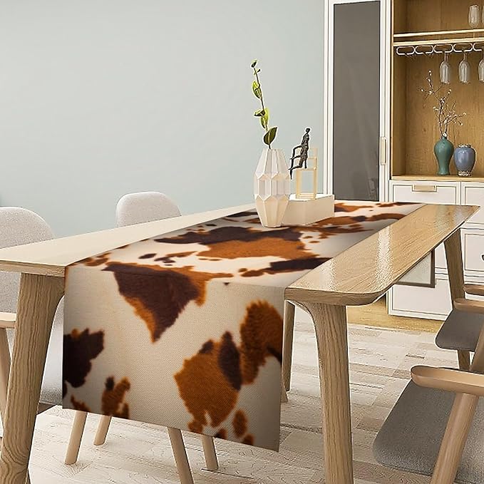 Cow Print Table Runner, Brown Cowhide Print Western Style Table Runner Country Farmhouse Cottage Cow Patten Table Decoration for Home Kitchen Dining, 13x36 Inch