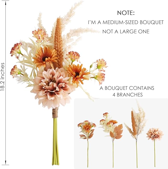 Fake Flower Bouquet, Faux Flower Arrangement for Decorating Kitchens, Bedrooms, Bathrooms, Realistic Artificial Flowers Made of Silk & Plastic, Floral Decoration with Dahlia & Small Blossoms