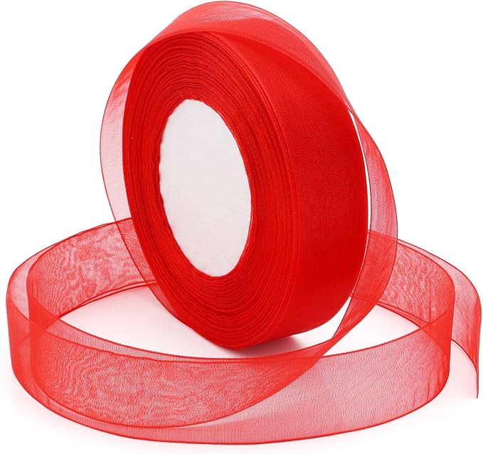 Red Ribbon for Gift Wrapping, 1 inch 50Yard Sheer Organza Tulle Ribbon for Flower Bouquet, Red Gifts Wrap Chiffon Ribbons for Hair, Craft, Wedding, Valentines Day, Mothers Day, Christmas