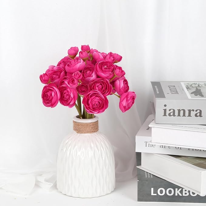IPOPU Hot Pink Flowers Artificial Ranunculus 2Bouquets Silk Flowers with Stems 12PCS Mini Fake Flowers for DIY Wedding Bouquet Bridal Shower Decorations Floral Filler Flowers Centerpieces (Hot Pink)