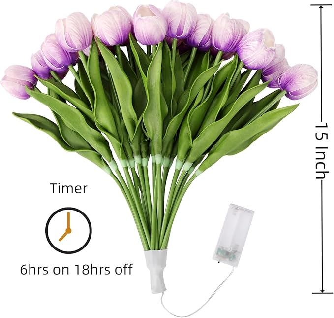 LED Lighted Artificial Tulips, Tulip Lamp, Real Touch Tulip Flowers, 15 Inch Faux Tulip Bouquet with Battery Operated Lights for Gifts, Home Kitchedn Wedding Decor(Purple)