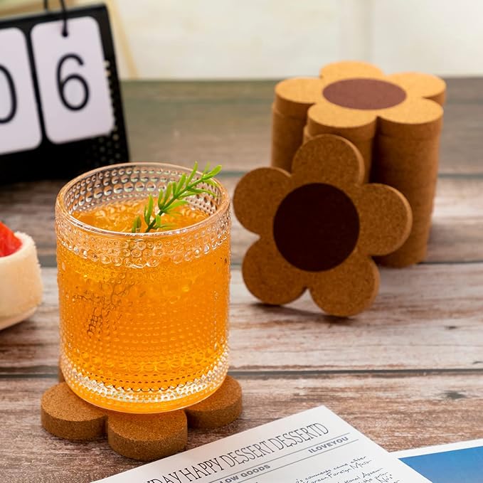 Foaincore 24 Pcs Thick Flower Cork Coasters for Drinks 4 Inch Absorbent Reusable Farmhouse Rustic Wood Drink Coasters for Coffee Wine Mug Desk Glass Table Aesthetic Cute Apartment Decoration