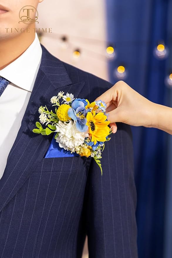 TINGE TIME Sunflower Boutonniere for Men Wedding,Groom and Pocket Boutonniere for Wedding, Prom, Homecoming, Anniversary, Graduation, Christmas Dinner