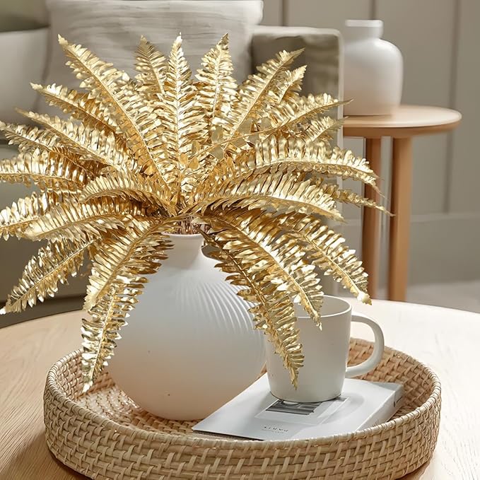 Artificial Gold Ferns Stems Christmas Branch 3Pcs Fake Leave Flower Plant Faux Plant for Vase Bouquets Table Centerpieces Decoration Home Decor