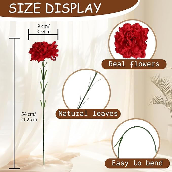 Red Carnations Artificial Flowers 15PCS Carnations Flowers Silk Flowers 21.25in Fake Flowers for Wedding Home Table Centerpieces Floral Arrangements(Red)