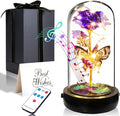Birthday Rose Flower Gifts for Women, Mothers Day Glass Rose Gift for Mom from Daughter Son, Colorful Purple Rose in Glass Dome with Music Box, Light Up Rose in Dome for Her Wife Grandma