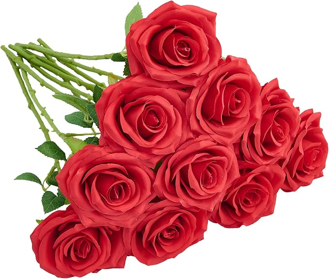 Artificial Rose 10pcs Red Silk Flower Faux Artificial Roses with Long Stems for Wedding Arrangement, Bridal Bouquet, Centerpiece, Fake Faux Silk Flowers