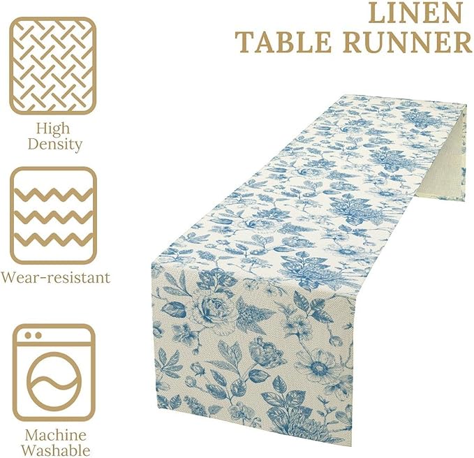 Blue Floral Table Runner, Spring Summer Sketch Wildflower Vintage Country Farmhouse Coffee Table Center Decor for Home Kitchen Dining Patio Holiday Party Table Decorations 13x108 inches