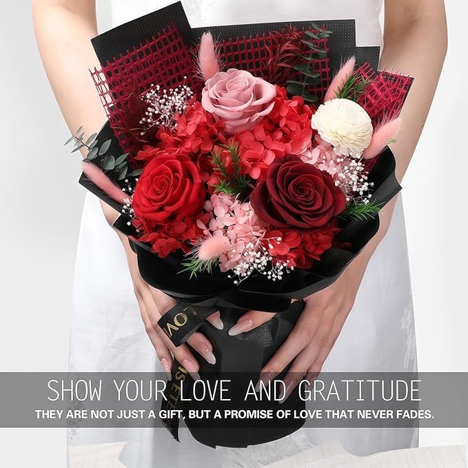 Preserved Flowers for Delivery, Red Flower Bouquets with Necklace, Forever Real Roses Anniversary Birthday Gifts for Women Mom Wife Girlfriend, Fresh Flowers for Valentines Day Christmas
