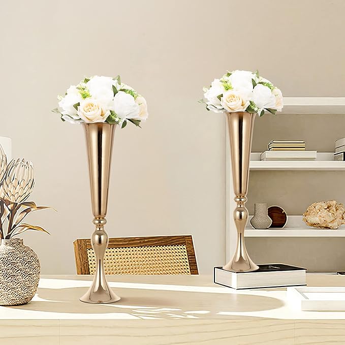 Gold Centerpieces for Table Wedding Vase - 2 Pcs 21.9" Tall Versatile Metal Trumpet Vase Tabletop Flower Stand for Party Dinner Anniversary Ceremony Centerpiece Event