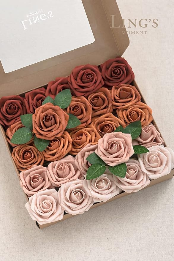 Ling's moment Artificial Flowers, 50Pcs 3" Roses in Amber Shades, Realistic DIY Foam Floral Decor for Wedding Bouquets/Centerpieces, Outdoor Party Backdrops, Room/Table, and Garden/Pot Decorations