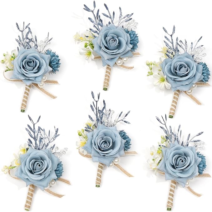 Serwalin 6PCS Boutonniere for Men,Groom and Best Man Boutonnieres for Wedding Decor Prom Anniversary Homecoming Flowers Formal Dinner Party (Blue & Dusty Blue)