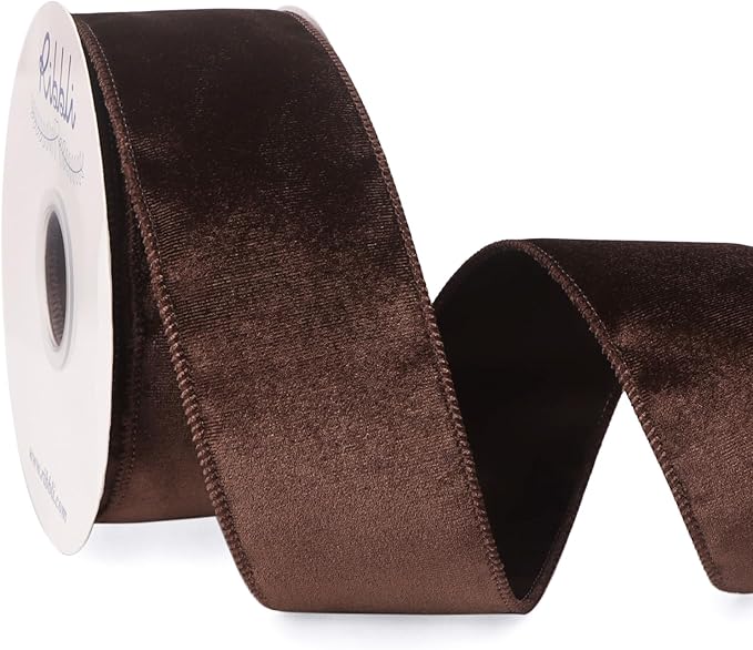 Ribbli Dark Brown Velvet Wired Ribbon 2.5 Inch Velvet with Satin Christmas Ribbon for Gift Wrapping Christmas Tree Decoration Crafts Wreaths Supplies-Continuous 10 Yards