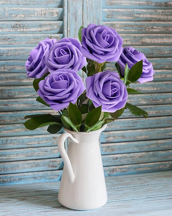 JOYLEX Artificial Flowers Realistic Roses, 50pcs Real Looking Fake Roses with Stem for DIY Wedding Bouquets Centerpieces Bridal Shower Party Home Romantic Decorations (50pcs, Purple)