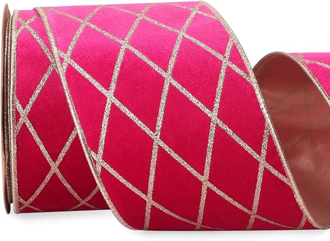 Ribbli Hot Pink Velvet Ribbon Wired with Glitter Diamond Grid 4 Inch Christmas Ribbon for Christmas Tree Decoration Big Bow Gift Wrapping Crafts Wreaths Garland Supplies - 10 Yards