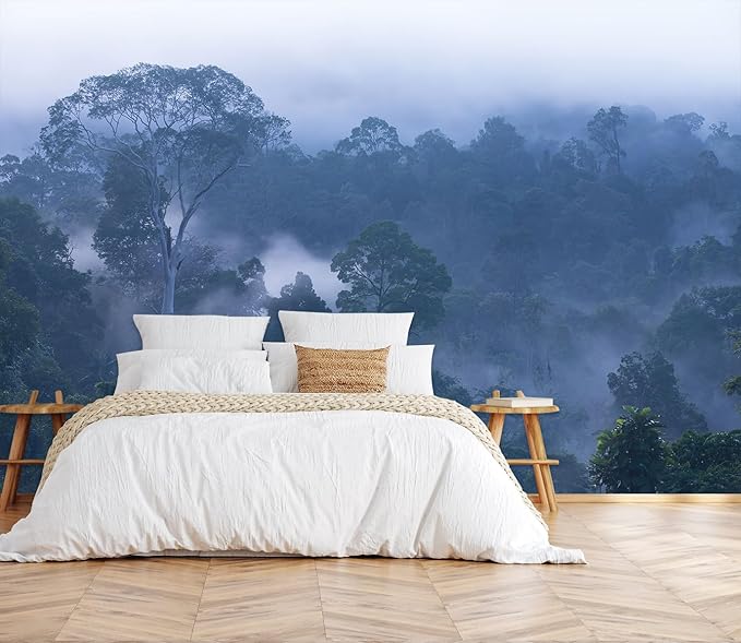 Misty Forest Morning Landscape View, Forest Wallpaper Mural for Living Room, Bedroom, Dining Room Background Wall（Non-self-Adhesive）