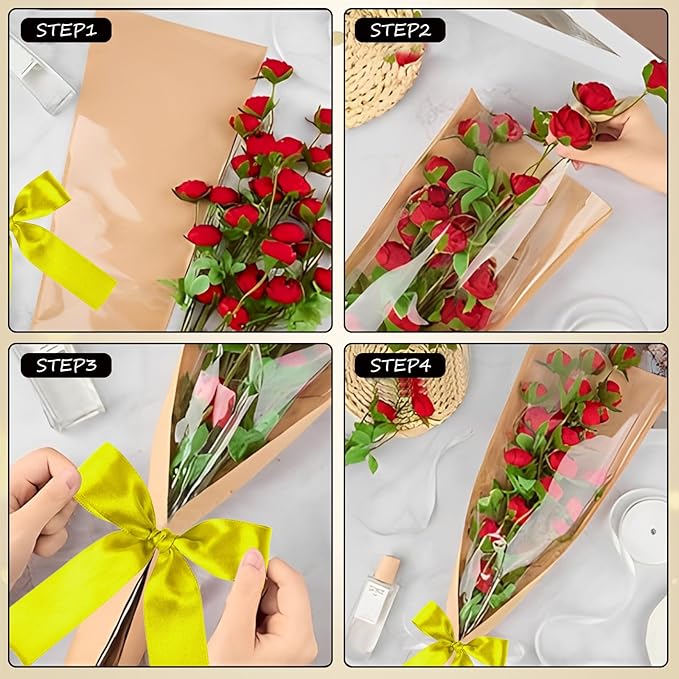ACXFOND 100Pcs Flower Bouquet Bags, Kraft Flower Bags Bouquet Wrapping Paper with Ribbons for Florist Supplies Wedding Birthday Mother's Day, Teacher, Graduation Gift 9.4x3.5x17.9 Inches