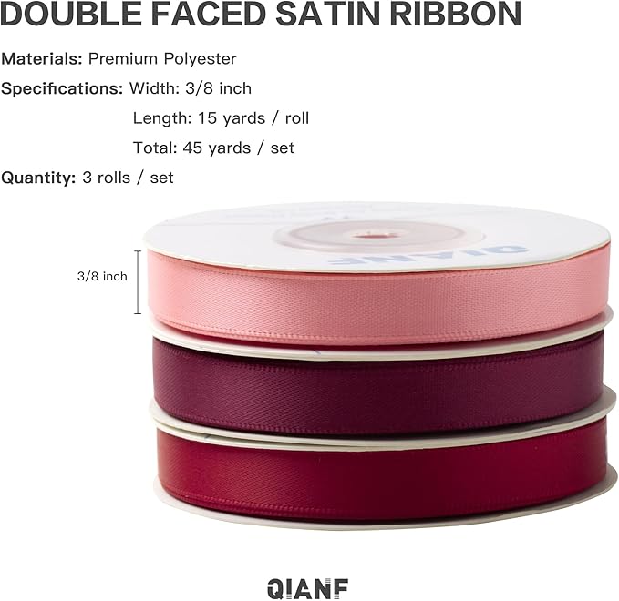 Burgundy Double Face Satin Ribbon 3/8 Inch x 45 Yards Wine Red Coral Pink Fabric Ribbon for Gift Wrapping, Flower Bouquets, Bows Making, Wedding Decor, Invitations, Christmas (3 Rolls *15Yd)