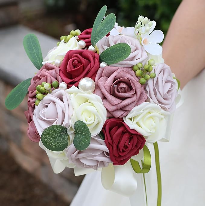 Lightweight Bridal Wedding Bouquet Round Holding Bouquet Throw Toss Artificial Rose Flower Bunch for Bride Bridesmaid Wedding Quinceanera (Cream, Smoky Rose, Light Taro & Burgundy, 6.7")