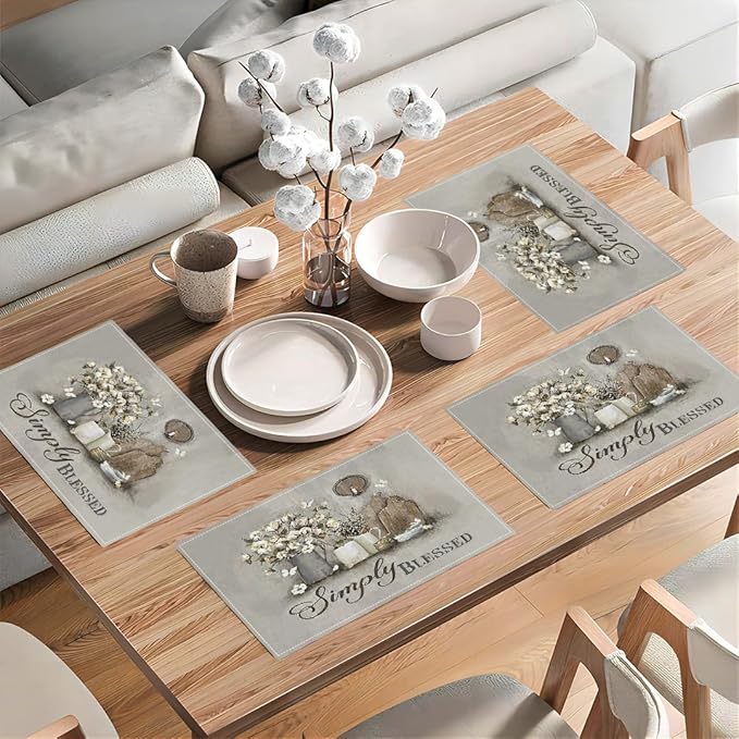 Simply Blessed Placemats Set of 4, Double-Sided Table Mats for Dining Room Home Party Indoor Decor 4 PCS 12x18 Inch
